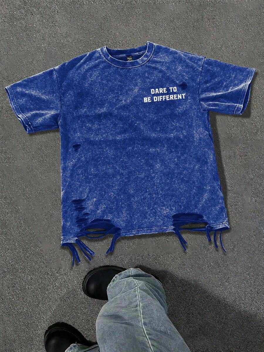 Manfinity EMRG Áo thun nam phong cách thường ngày in khẩu hiệu, kiểu dáng rách rưới, thích hợp cho mùa hè. - Màu xanh lam - Xem 1