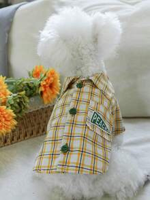 PETSIN 1件宠物服装，猫狗通用格子衬衫，春夏薄款后背纽扣式两脚衬衫 - 黃色 - 查看 4