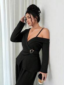 Elenzga 大码女式法式休闲优雅长袖上衣和裤子两件套，秋冬款 - 黑色 - 查看 3