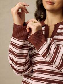 Juhart 女士休闲撞色领套头衫 - 酒紅色 - 查看 7