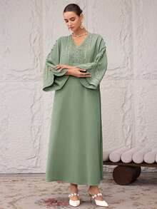 Al Najma Women's V-Neck Floral Embroidery Pattern Casual Loose Dress, Suitable For Party And Outing - Green - View 3