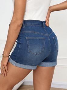 SHEIN Pantalones cortos vaqueros desgastados y lavados de estilo casual de maternidad para el verano, disfraz de carnaval de verano, uso diario, vacaciones, graduación, elegante, estilo Y2K, lindo, fiesta, boda, casual de negocios, vestido vaquero de mujer de talla grande con cuello de barco, manga corta, cintura elástica, longitud mini, casual y cómodo - Azul - Ver 2
