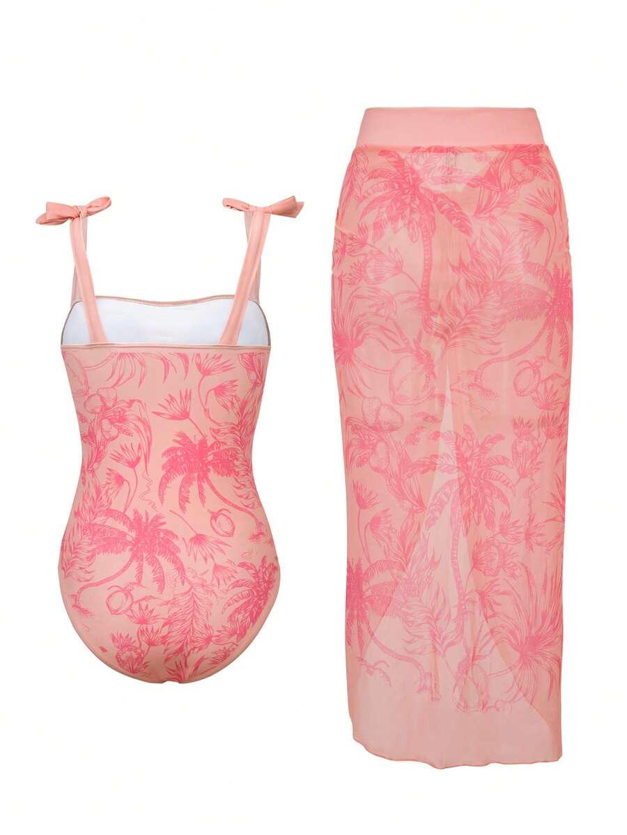 Young Women One-Piece Swimsuit, Teenage Girls Two Pieces Swimwear With Bow Tie, Sarong Skirt, Coconut Tree Digital Print, Beach Party Holiday Swimming Suit Hawaii Photoshoot Dress For Teen Teen Girl Resort Wear Vacation Style Polyester Long Dress For Teen Girls Orange Asymmetrical Skirt With Fitted Silhouette And Plants Pattern - Orange - View 1