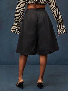 Solid Woven High Waist Pleated Culotte Shorts - Black - View 3