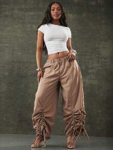 Denimoi Quần nylon có khóa điều chỉnh, phong cách đường phố thời trang. - Cà phê nâu - Xem 4