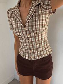 Siren Gaze Chemise décontractée vintage à manches bouffantes et boutons devant à carreaux pour femmes, été - Multicolore - Voir 7