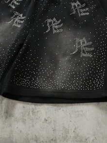 ROMWE MEN Men's Drawstring Waist Letter & Rhinestone Graphic Casual Versatile Daily Wear Shorts - Black - View 2