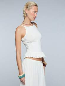 COUREZ Off-White Jersey Cami Top With Frill Hem,Summer Effortless Chic Everyday Y2K Vacation Outfits For Women,Spring Cute Tops - White - View 5