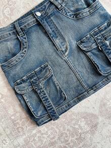 Attitoon 女士休闲牛仔迷你裙，带口袋 - 深色水洗藍 - 查看 5