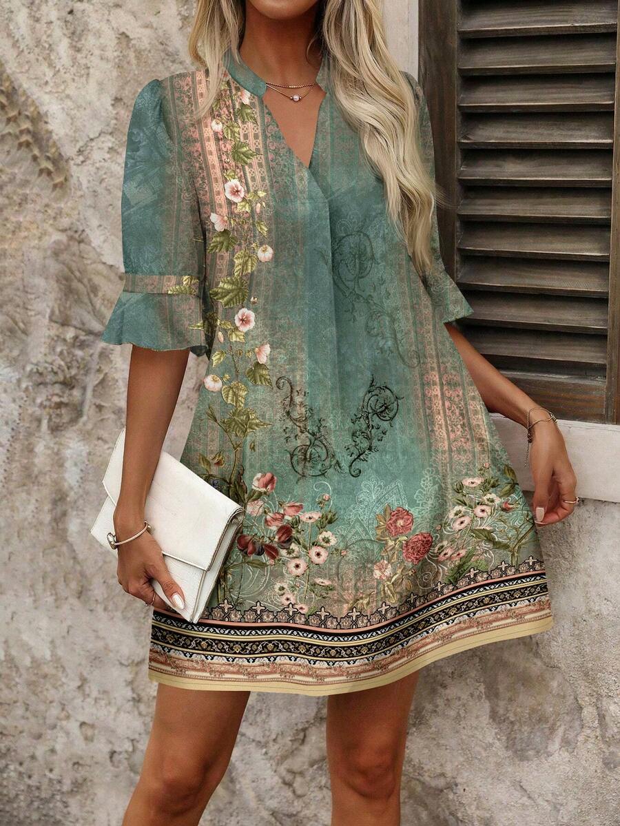 EMERY ROSE Plus Size Women Floral Print Ruffle Sleeve Vacation Dress, Suitable For Summer Bohemian Short Boho - Multicolor - View 1