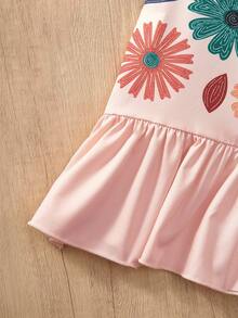 1pc Girls' Sleeveless Dress, Pink Base With Contrast Floral Graphic Print, Ruffle Hem, Casual Vacation Dress, Retro And Vibrant Summer Outing & Holiday Essential - Multicolor - View 3