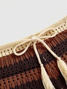 ROMWE Hippie 女士度假风性感嬉皮超低腰镂空条纹针织短裤 - 棕色 - 查看 3