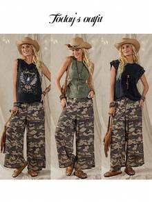 Wildy 美式休闲西部乡村复古迷彩女式春夏基础款长裤，带口袋，适合日常穿着和通勤。 - 綠色 - 查看 1