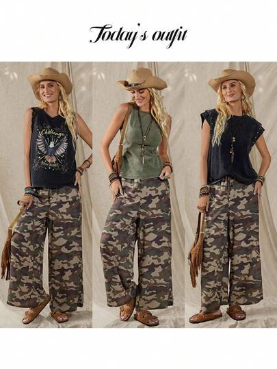 Wildy 美式休闲西部乡村复古迷彩女式春夏基础款长裤，带口袋，适合日常穿着和通勤。