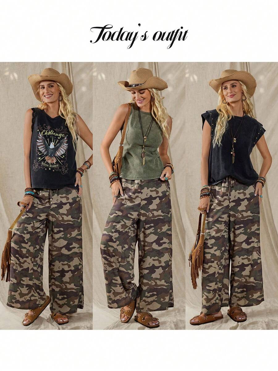 Wildy 美式休闲西部乡村复古迷彩女式春夏基础款长裤，带口袋，适合日常穿着和通勤。 - 綠色 - 查看 1