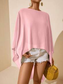 Vesra Áo sơ mi nữ màu trơn, cổ tròn, tay ngắn phía trước, dài phía sau, kiểu dáng thường ngày. - Màu Hồng baby - Xem 3