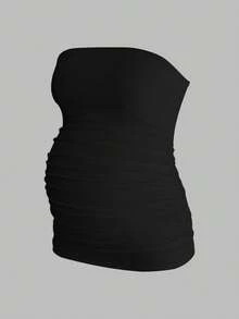 Modmama 孕妇纯色褶皱休闲百搭日常穿搭抹胸 - 黑色 - 查看 8