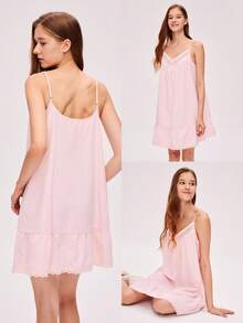 LUVLETTE 透气100%纯棉粉色花卉刺绣蕾丝边性感睡裙女士睡衣轻盈吊带裙时尚休闲舒适套装内衣外穿新娘内衣及睡衣，春夏睡衣婚礼用品 - 粉色 - 查看 6