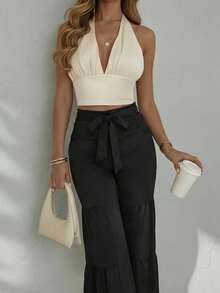 Glamine Fashionable Bow Tie Layered Flare Pants - Black - View 3