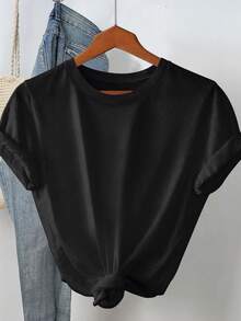 Sundraya 女士圆领字母印花休闲百搭日常短袖T恤 - 黑色 - 查看 2