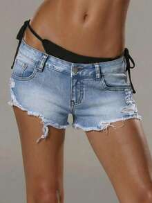 TRNVIE Fashionable Casual Distressed Low-Rise Denim Shorts - Light Wash - View 2