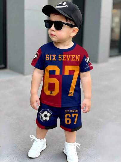 SHEIN 男童休闲撞色T恤短裤套装，足球号码印花