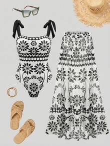 SHEIN Swim Oasis 26SS 春夏度假沙滩波西米亚风绿色碎花连体泳衣及半裙套装 - 彩色 - 查看 6