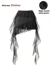 SHEIN PETITE Women's Mesh Ruffle Hem Versatile Date Night Outing Mini Skirt - Black - View 6