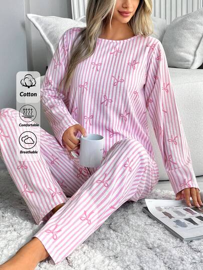 Loomlin Women Cotton 2 Pcs Striped&Bot Pattern Homewear Cute Pajama Set Cute Sleep Set Long Sleeve Pajama Set Comfy Pajamas Set Sleepwear Women 2 Piece Set Pajama Sets For Women