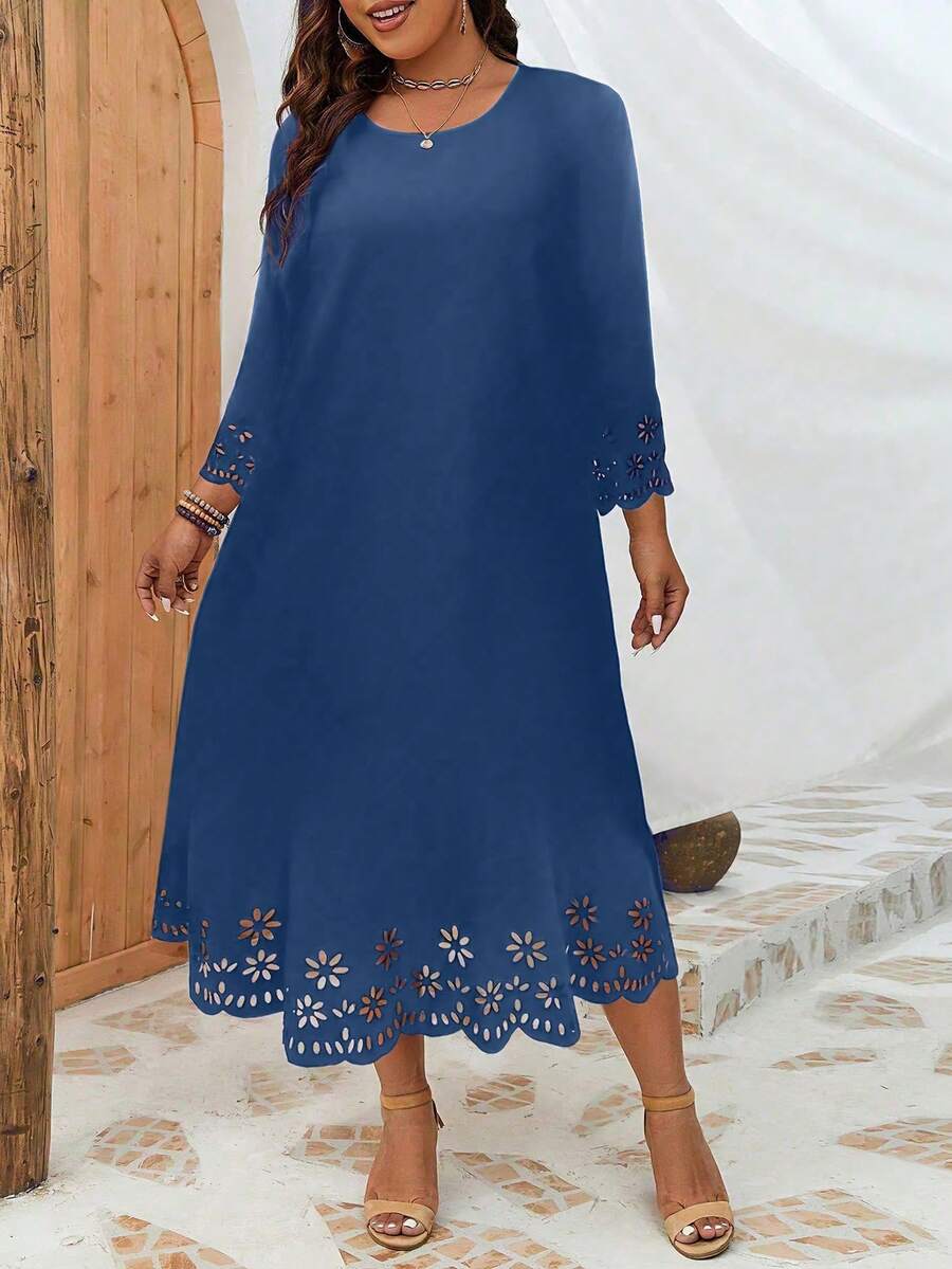 INAWLY Plus Laserskärning Vågig Kant Tunika Klänning - Marinblå - Visa 1