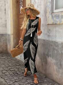 EMERY ROSE Casual Minimalist Vacation Bohemian Elegant Romantic Retro Feather Black Print Pattern Maxi Dress, Comfortable Plus Size For Spring/Summer - White - View 5