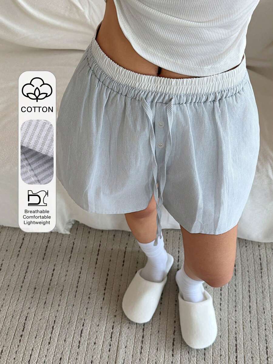 DAZY Bộ đồ ngủ ngắn nữ mùa hè kiểu dáng thường ngày, kẻ sọc, có dây rút ở eo. - Xám - Xem 1