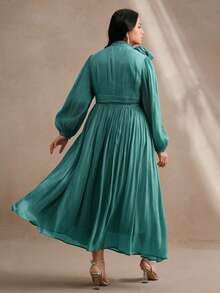 大码女式长连衣裙，春秋季，腰部褶皱亮面优雅百搭 - 墨綠色 - 查看 2