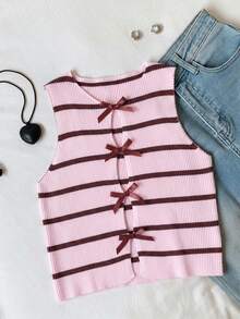 Comfortcana 女士休闲简约粉棕条纹蝴蝶结装饰无袖针织上衣，适合学生穿着 - 淺粉色 - 查看 4
