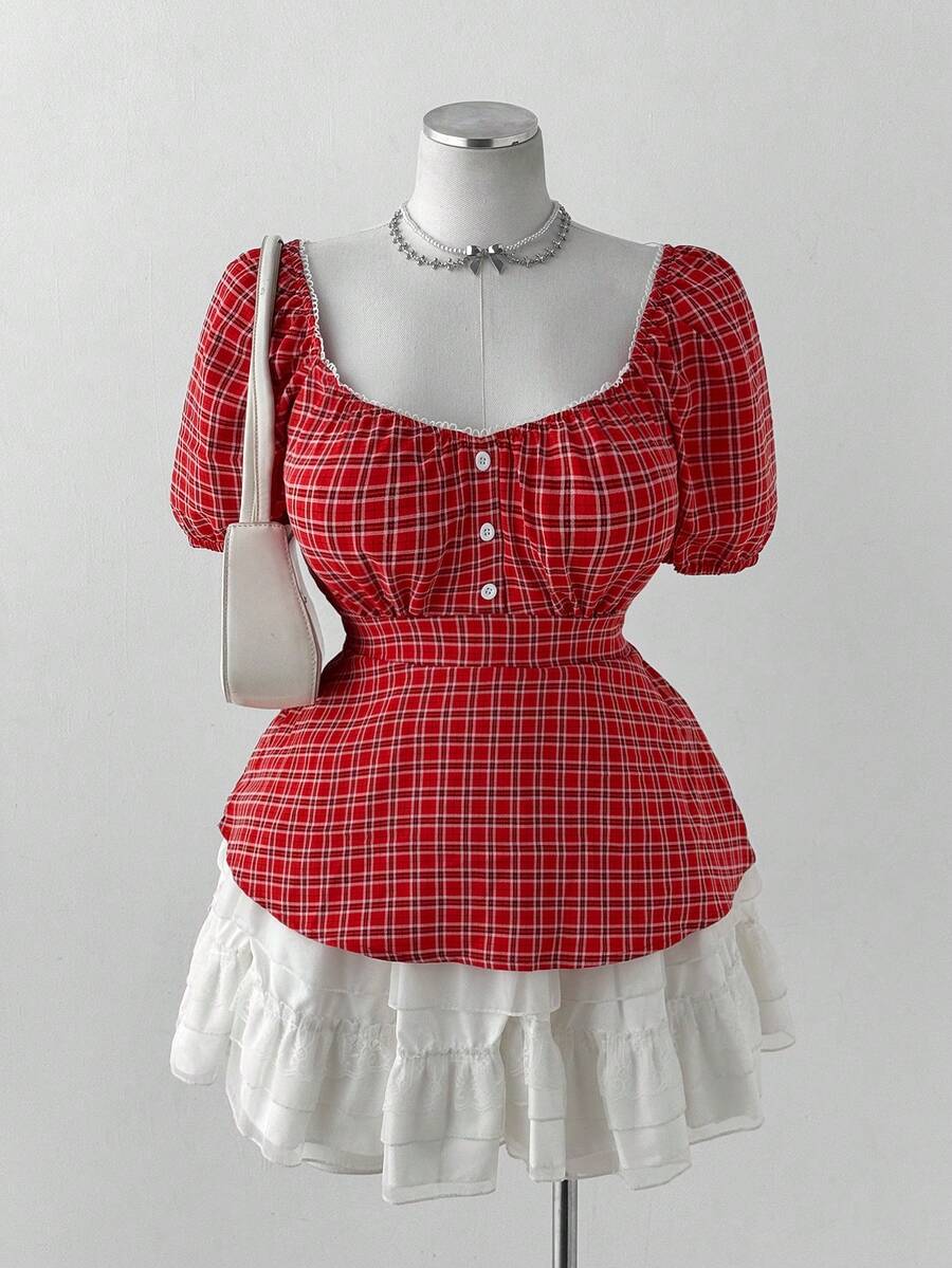 Sweetra Camisa casual de manga corta a cuadros rojos, primavera/verano - Multicolor - Ver 1