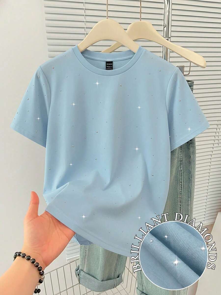 Franclia Casual Rhinestone Embellished Round Neck Plus Size T-Shirt - Baby Blue - View 1