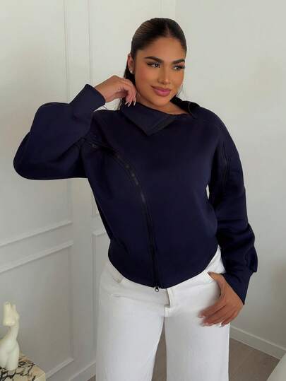 Maria Perezxox 女士时尚拼色拉链羊毛高领灯笼袖运动衫