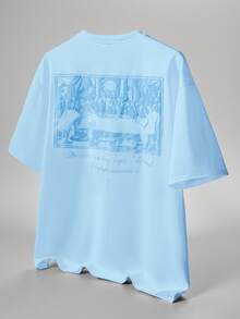 TOKVUE 男士休闲畅销款“最后的晚餐”3D立体浮雕图案T恤，百搭日常穿着，送给男友/丈夫的礼物，周年纪念礼物 - 天藍色 - 查看 6