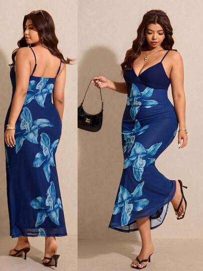 Elaquor Plus Size Women Floral Print Fitted Vacation Dress