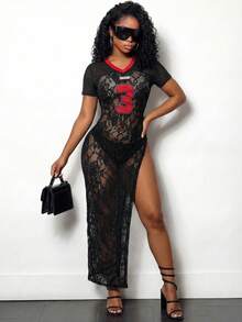 SHEIN BamGlam Women's Knitted Lace Netted T-Shirt, Contrasting V-Neck With A Digital 3 Patch Pattern Knitted Lace T-Shirt, High Slit Design, Long And Irregular Design T-Shirt - Black - View 5