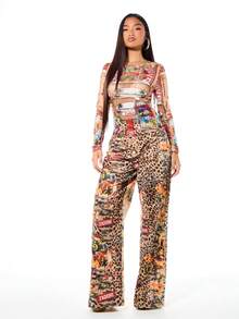 SUMWON WOMEN Women Mixed Animal Print Wide Leg Jeans With Collage Graphics Text And Pin Details - Multicolor - View 3