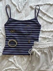 Glimmora 女士撞色条纹吊带背心，圆领撞色吊带背心，适合四季日常穿着 - 彩色 - 查看 3