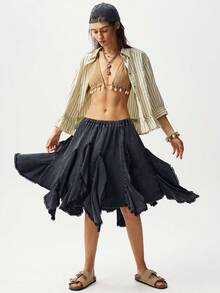 Bohemela 女士休闲纯色不对称下摆针织裙 - 黑色 - 查看 2