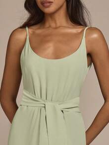 COSMINA Women's Elegant Sage Green Summer Mid-Length Dress,Spaghetti Strap Deep V-Neck Tie Waist Brunch Vacation Resort Wear,Casual Office Commute Dress - Yellow - View 6