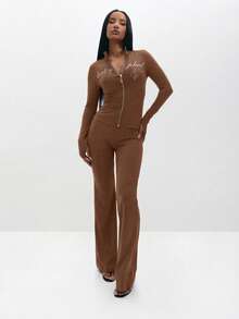 BABYPHAT Ribbed Pull On Flare Leggings High Waisted Stretch Bootcut Pants Fall Winter Casual Everyday - Chocolate Brown - View 4