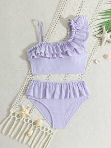 SHEIN 少女比基尼套装，蓝白条纹可爱荷叶边不对称肩带可调节荷叶边下摆三角泳衣两件套 - 紫色 - 查看 1