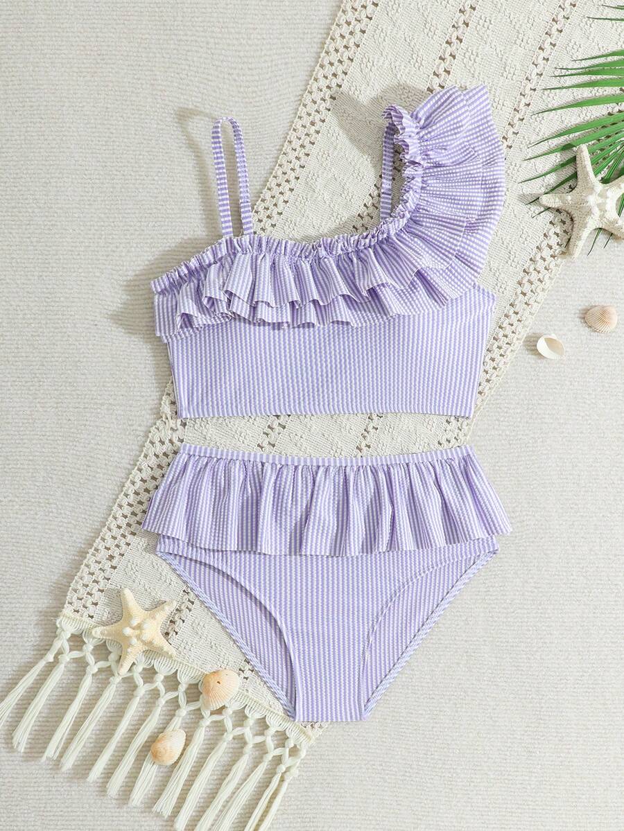 SHEIN 少女比基尼套装，蓝白条纹可爱荷叶边不对称肩带可调节荷叶边下摆三角泳衣两件套 - 紫色 - 查看 1