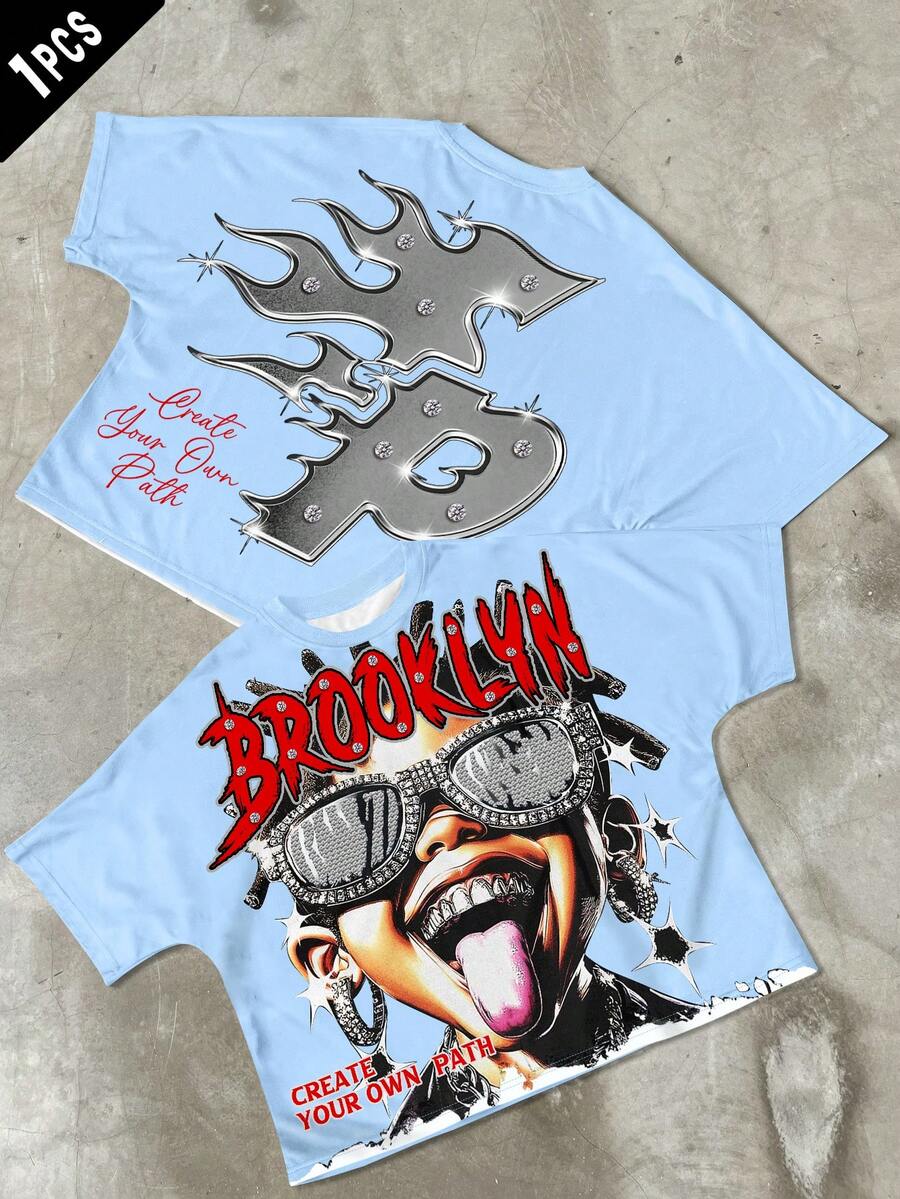 Manfinity Roghcode Kaos Streetwear Musim Panas Pria Warna Biru Muda, Kaos Lengan Pendek Leher Bulat Raglan dengan Grafis Potret Liburan Kota, Cetakan Kreatif Gaya Y2K Pakaian Rock Rap - MultiWarna - View 1
