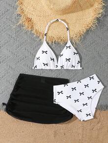 SHEIN 少女三件套比基尼套装，蝴蝶结印花，包含泳衣上衣、泳裤和裙子，时尚优雅，适合游泳、度假和夏季穿着。黑白配色，粉色蝴蝶结泳衣，沙滩套装，三件套比基尼，三件套泳衣套装，少女泳装，两件套裙装，蝴蝶结印花泳衣，带裙泳装，少女两件套保守泳衣，女孩夏季服装，女孩比基尼，女孩沙滩装，女孩泳裙。 - 黑與白 - 查看 6