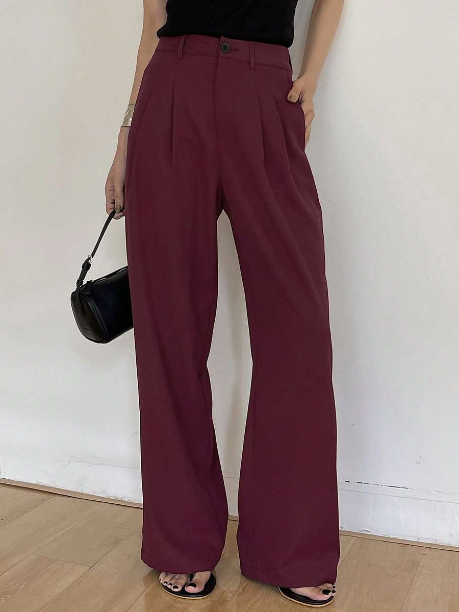 DAZY Pantalones casuales y versátiles de uso diario con pliegues de unicolor para mujer - Rojo violeta - Ver 1